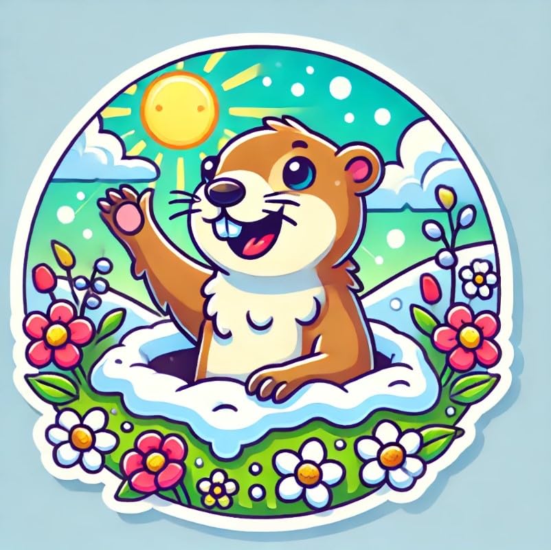 Vinyl sticker: Groundhog Waving with Spring Flowers Laptop Wall Car Window Bumper Sticker Decal Truck Waterproof Auto Water Bottle
