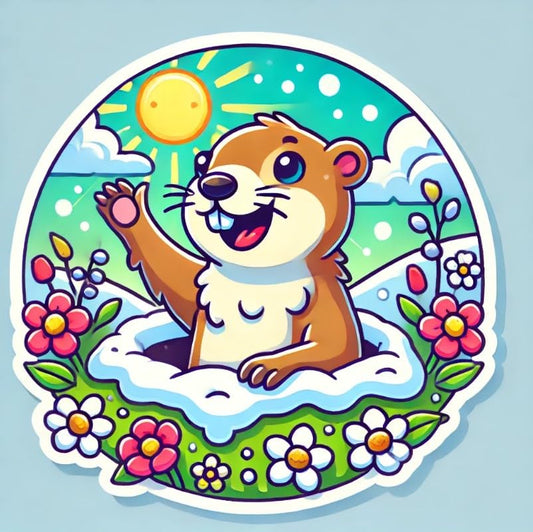 Vinyl sticker: Groundhog Waving with Spring Flowers Laptop Wall Car Window Bumper Sticker Decal Truck Waterproof Auto Water Bottle