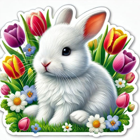 Vinyl sticker: Easter Bunny in Flower Garden Sticker for Laptop, Wall, Car, Window, Bumper, Decal, Truck, Waterproof, Auto, Water Bottle – Cute Rabbit with Tulips & Daisies