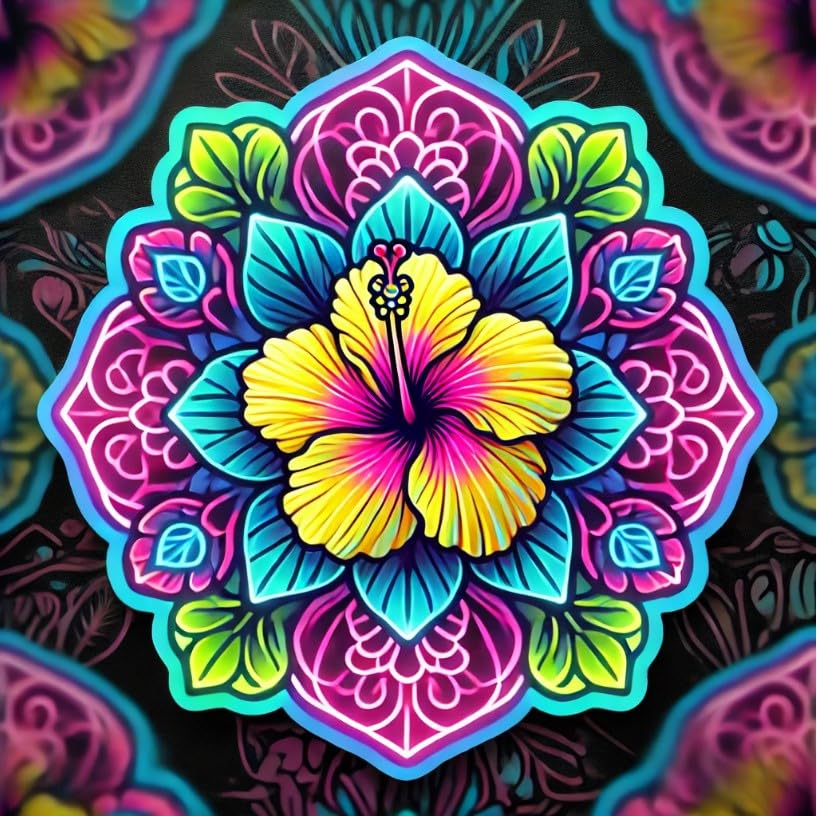 Vinyl sticker: Laptop Wall Car Window Bumper Sticker Decal Truck Waterproof Auto Water Bottle – Neon Mandala Hibiscus Brackenridgei with Glowing Lights and Electric Tropical Design