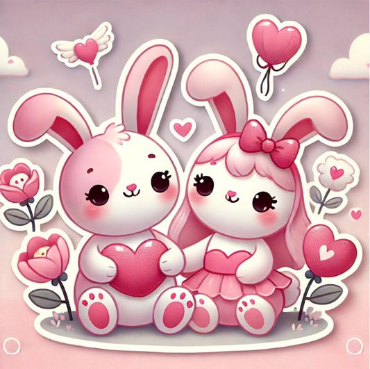 Vinyl sticker: Cute Pink Bunny Couple on Valentine's Day with Floating Hearts for Car Window, Laptop, Bumper, Waterproof Decal for Truck, Auto, Water Bottle Decoration