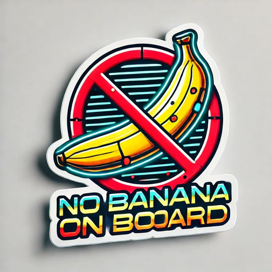 Vinyl sticker: "No Banana on Board Futuristic Waterproof Car Bumper Sticker Decal for Truck, Laptop, Window, Auto, and Water Bottle"