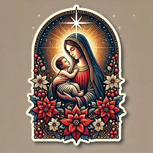 Vinyl sticker: Holy Family in Manger with Radiant Star, Waterproof Laptop Bumper Decal