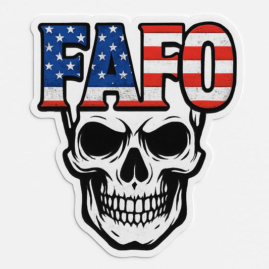 Vinyl sticker: FAFO Skull Sticker – Black and White Skull with American Flag FAFO Letters – Vinyl Decal for Laptop, Wall, Car, Window, Bumper, Truck, Auto, Water Bottle – Patriotic Tactical Design – Variation 13