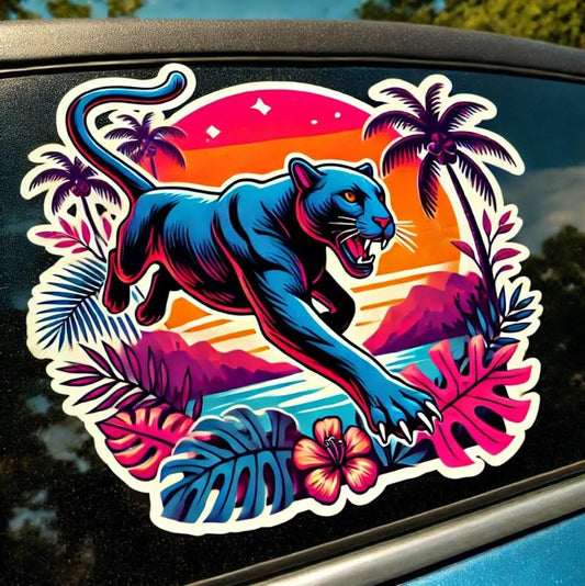 Vinyl sticker: Florida Panther Sticker - Vibrant Leaping Panther with Tropical Sunset Design for Cars, Laptops, Bumpers, and Water Bottles