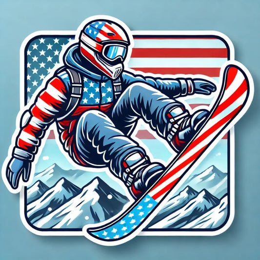 Vinyl sticker: American Snowboarder Decal for Laptop, Wall, Car, Window, Bumper, Sticker, Truck, Auto, Water Bottle – Mid-Jump Snowboarding Design