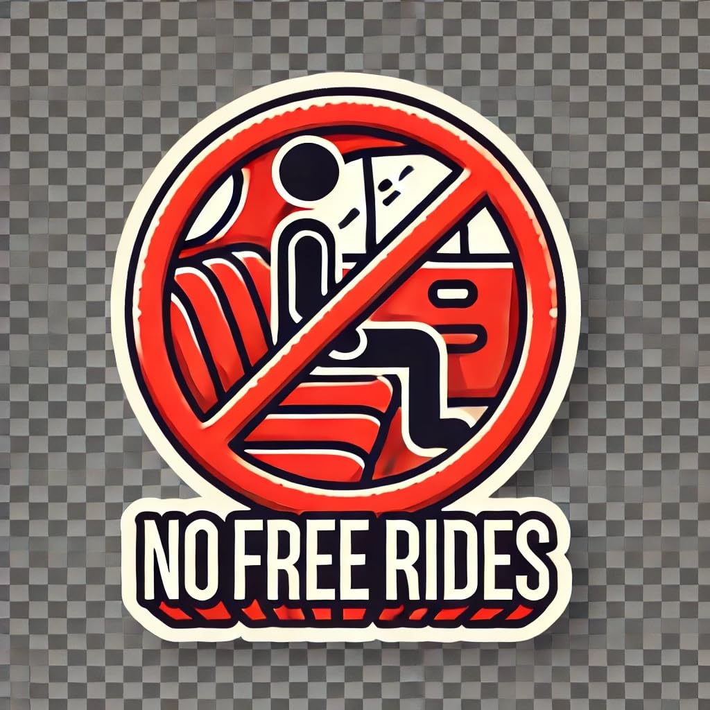 Vinyl sticker: "'No Free Rides' Thumbs-Down Transparent Waterproof Car Bumper Sticker Decal for Truck, Laptop, Window, Auto, and Water Bottle"