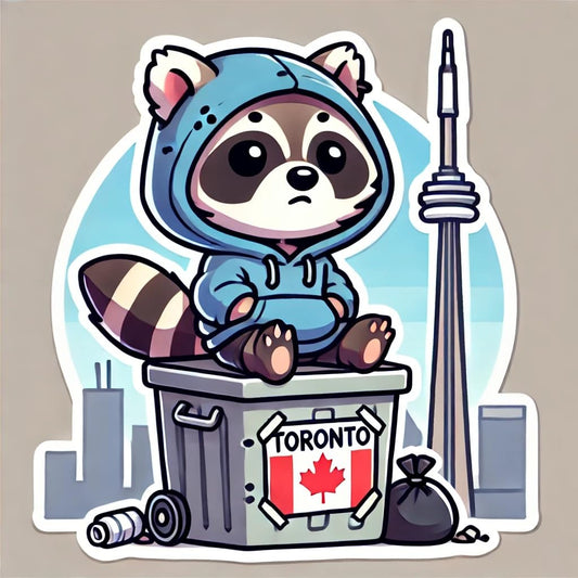 Vinyl sticker: Laptop Wall Car Window Bumper Sticker Decal Truck Waterproof Auto Water Bottle Toronto Trash Panda Raccoon in Hoodie on Trash Can with CN Tower Canada Style
