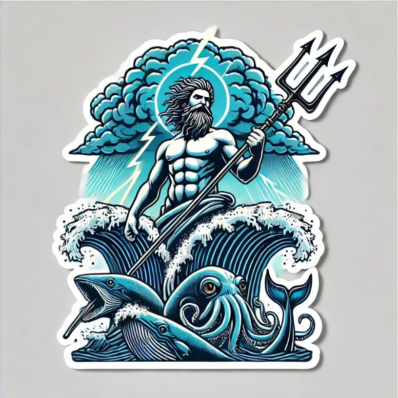 Vinyl sticker: Poseidon Sticker with Lightning Trident and Marine Scene for Laptop, Car, Water Bottle, Waterproof Vinyl Decal for Auto, Truck, and Bumper Decoration (6)