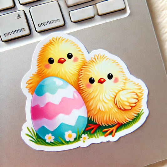 Vinyl sticker: Cute Easter Chicks Sticker for Laptop, Wall, Car, Window, Bumper, Decal, Truck, Waterproof, Auto, Water Bottle – Fluffy Yellow Baby Birds with Pastel Egg