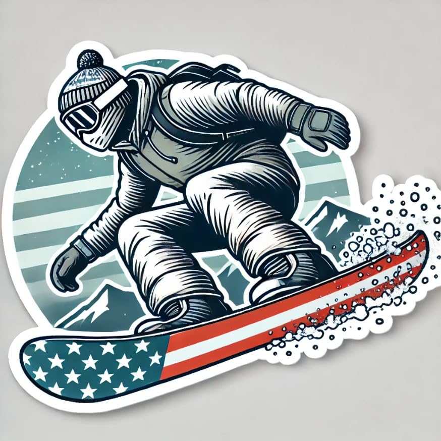 Vinyl sticker: American Snowboarder Sticker with Mountain Scenery for Laptop, Wall, Car, Window, Bumper, Decal, Truck, Auto, Water Bottle – Bold Snowboarding Action (6)