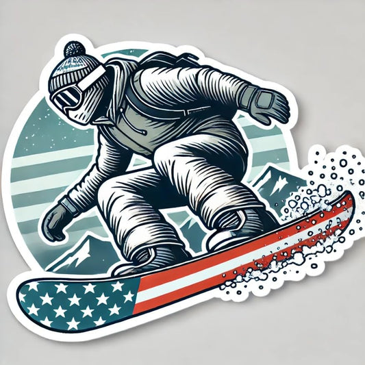 Vinyl sticker: American Snowboarder Sticker with Mountain Scenery for Laptop, Wall, Car, Window, Bumper, Decal, Truck, Auto, Water Bottle – Bold Snowboarding Action (6)