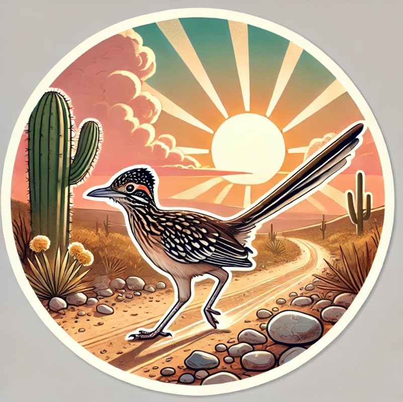 Vinyl sticker: Laptop Wall Car Window Bumper Sticker Decal Truck Waterproof Auto Water Bottle – Sunrise Chaparral Bird Walking Desert Trail with Zia Sun and Morning Haze