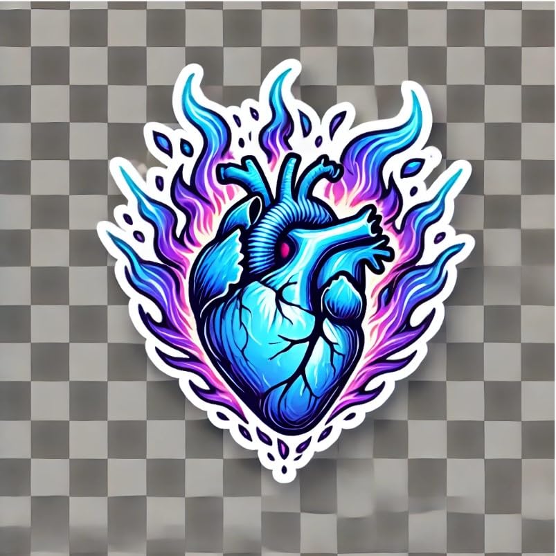 Vinyl sticker: Burning Heart with Blue and Lavender Flames Laptop Wall Car Window Bumper Sticker Decal Waterproof Auto Water Bottle