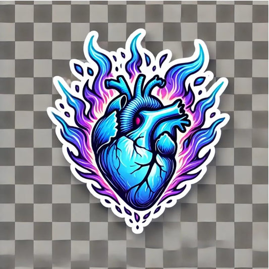 Vinyl sticker: Burning Heart with Blue and Lavender Flames Laptop Wall Car Window Bumper Sticker Decal Waterproof Auto Water Bottle