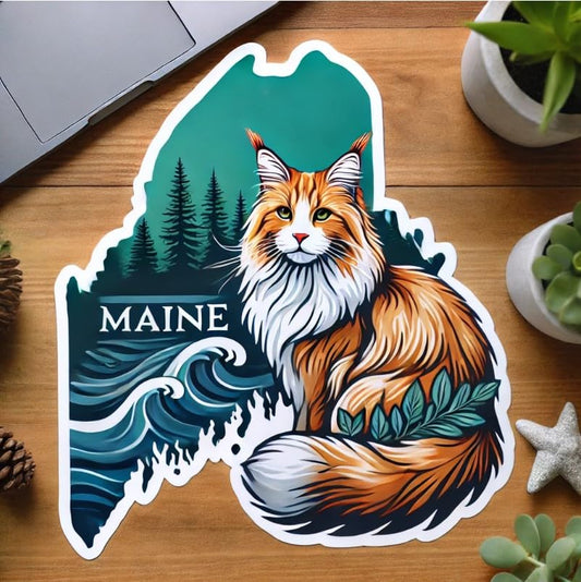 Vinyl sticker: Maine Coon Cat Sticker Vinyl Decal for Laptop, Wall, Car, Window, Bumper, Waterproof Truck, Auto, Water Bottle. Variation 14