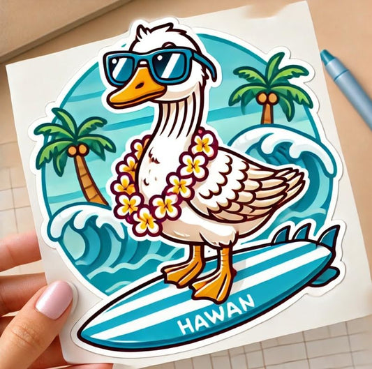 Vinyl sticker: Waterproof Laptop Car Window Bumper Sticker Wall Decal Truck Auto Water Bottle Featuring Cartoon Hawaiian Goose Nene on Surfboard with Sunglasses and Lei