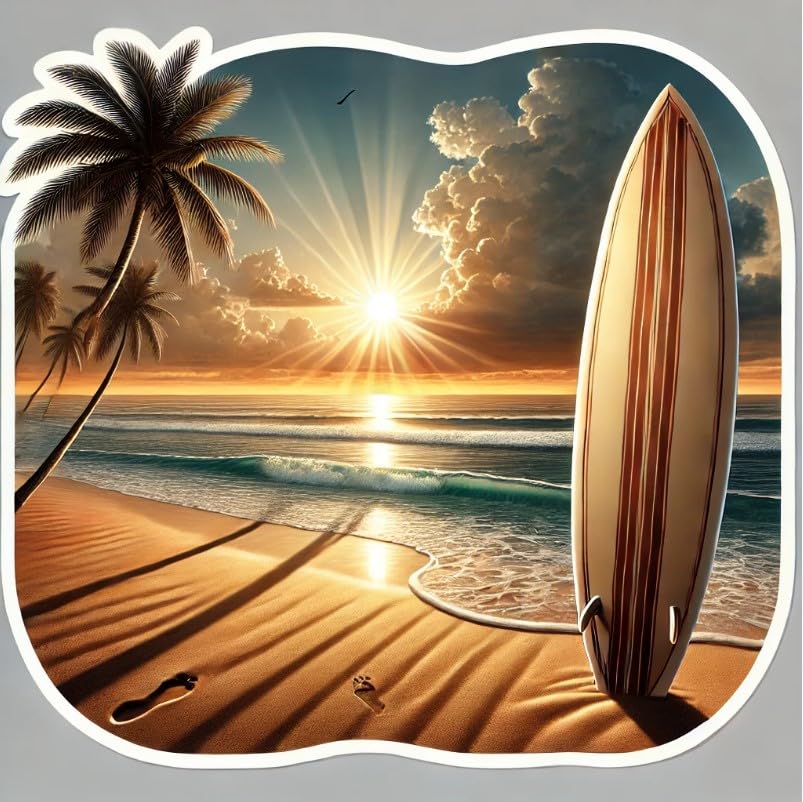 Vinyl sticker: Laptop Wall Car Window Bumper Sticker Decal Truck Waterproof Auto Water Bottle Surfboard on Beach with Sunset Realistic Surf Art