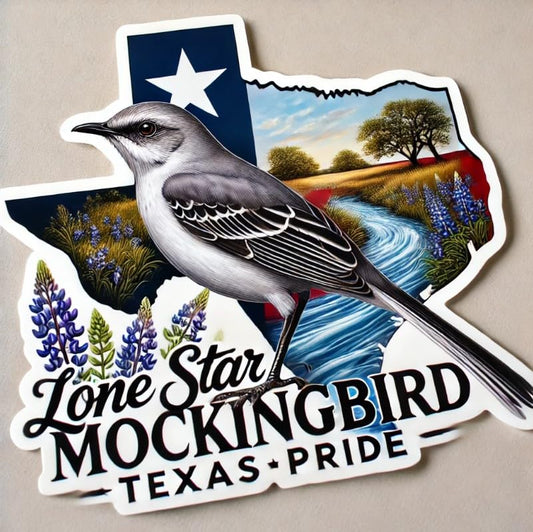 Vinyl sticker: Lone Star Mockingbird Sticker for Laptop, Wall, Car, Window, Bumper, Waterproof Decal for Truck and Water Bottle