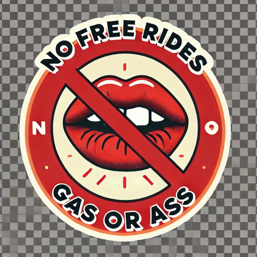 Vinyl sticker: "'No FREE RIDES - Gas or Ass' Lips Transparent Waterproof Car Bumper Sticker Decal for Truck, Laptop, Window, Auto, and Water Bottle"
