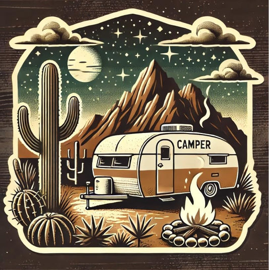 Vinyl sticker: Vintage Camper Desert Scene Sticker - Retro Adventure Decal for Laptop, Wall, Car, Window, Bumper, Truck, Waterproof Auto, Water Bottle Decor