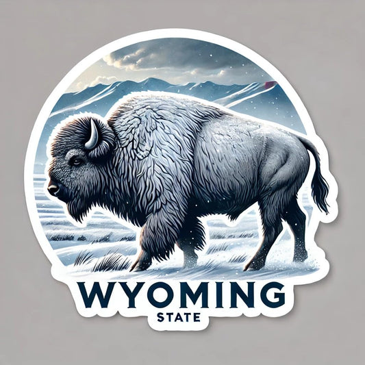 Vinyl sticker: American Bison Window Wall Car Laptop Waterproof Decal Sticker – Snowy Wyoming Mountains Scene Realistic Buffalo in Winter Coat for Auto Truck and Water Bottle