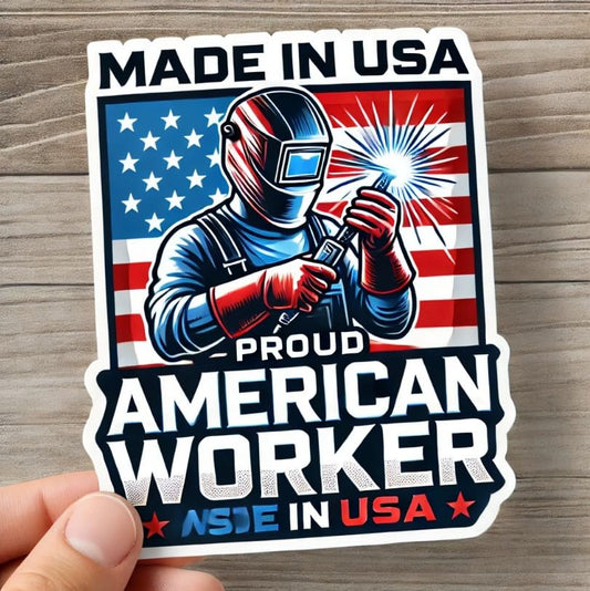 Vinyl sticker: American Welder with Patriotic Typography Sticker - Made in USA Decal for Laptop, Wall, Car, Window, Bumper, Truck, Waterproof Vinyl for Water Bottle and Auto