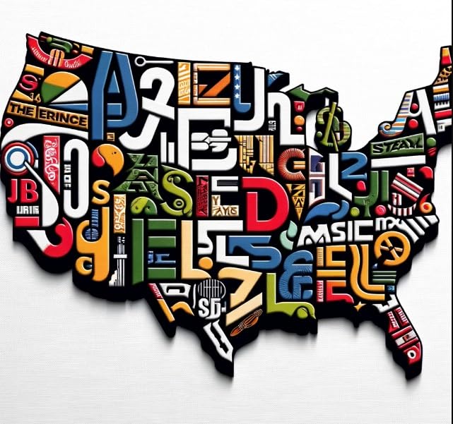Vinyl sticker: Cultural Map of USA Decal: Typographic Art Sticker for Laptop, Car, Window, Wall - Waterproof and UV Resistant