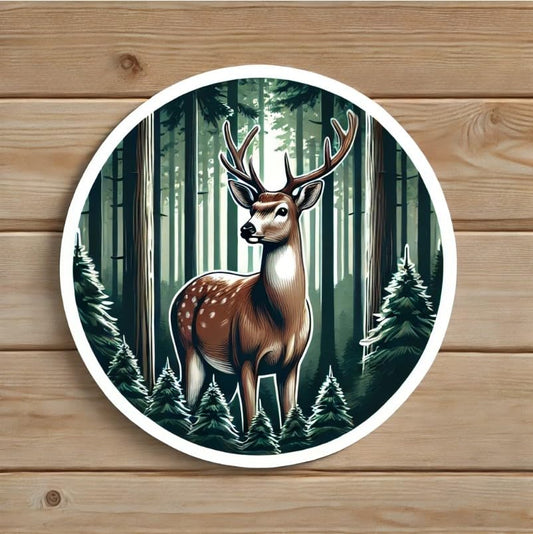 Vinyl sticker: White-Tailed Deer Pine Forest Vinyl Sticker for Laptop, Wall, Car, Window, Bumper, Truck, Waterproof Auto, Water Bottle. Variation 7