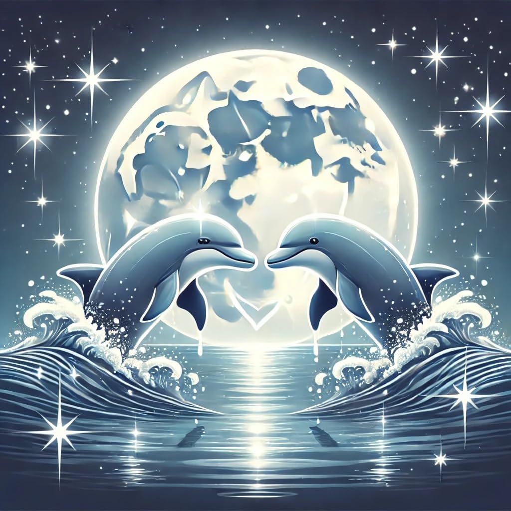 Vinyl sticker: Laptop Wall Car Window Bumper Sticker Decal Truck Waterproof Auto Water Bottle – Two Silver Dolphins Creating Heart Shape Under Full Moon in Starry Night Ocean with Glowing Water Reflection