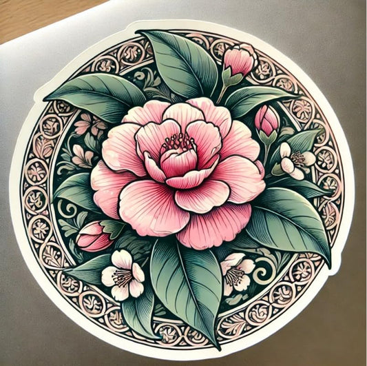 Vinyl sticker: Japanese Camellia Sticker for Laptop, Wall, Car Window, Bumper, Decal, Truck, Waterproof, Auto, Water Bottle, Artistic Floral Design with Intricate Border
