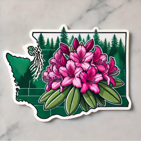 Vinyl sticker: Bigleaf Rhododendron Washington State Flower Pink Blossom Laptop Wall Car Window Bumper Sticker Decal Waterproof Auto Water Bottle Evergreen Nature Design