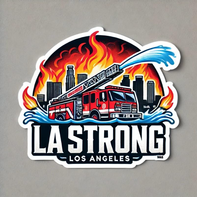 Vinyl sticker: Los Angeles Firefighter Support – Fire Truck Spraying Water Over Skyline