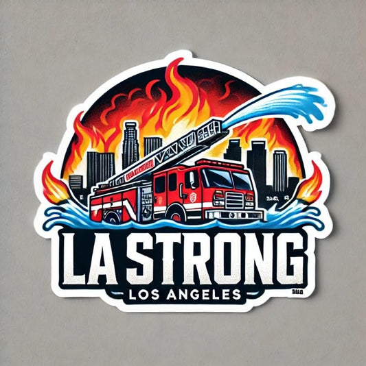 Vinyl sticker: Los Angeles Firefighter Support – Fire Truck Spraying Water Over Skyline