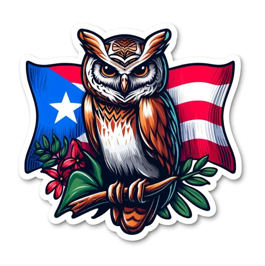 Vinyl sticker: Puerto Rican Owl with Flag Sticker, Realistic Tropical Bird Decal for Laptop, Car, Window, Bumper, Waterproof Truck, Water Bottle Decoration
