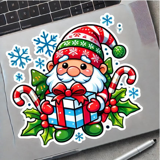 Vinyl sticker: Gift-Holding Gnome Sticker for Laptop, Wall, Car, Window, Bumper, Waterproof Holiday Decal for Trucks, Water Bottles, and Christmas Joy (4)