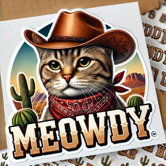 Vinyl sticker: Meowdy Cowboy Cat with Bandana Sticker for Laptop, Wall, Car, Window, Bumper, Truck, Waterproof Decal - Realistic Design