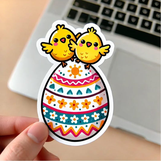 Vinyl sticker: Cute Easter Chicks Sticker for Laptop, Wall, Car, Window, Bumper, Decal, Truck, Waterproof, Auto, Water Bottle – Playful Baby Birds on Decorated Egg (6)