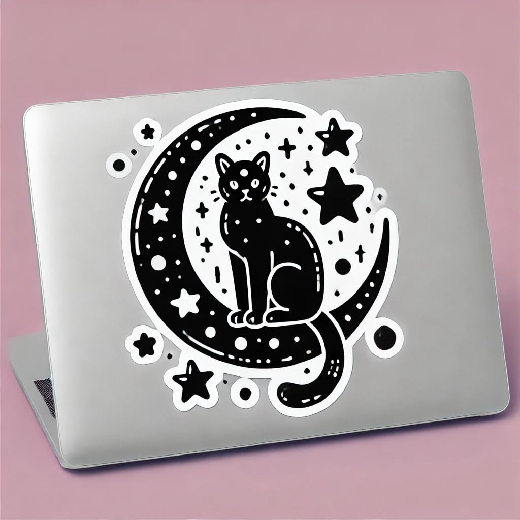 Vinyl sticker: Black Cat Sitting on Crescent Moon with Stars Sticker for Laptop, Wall, Car, Window, Bumper, and Water Bottle - Waterproof Vinyl Decal for Truck and Auto