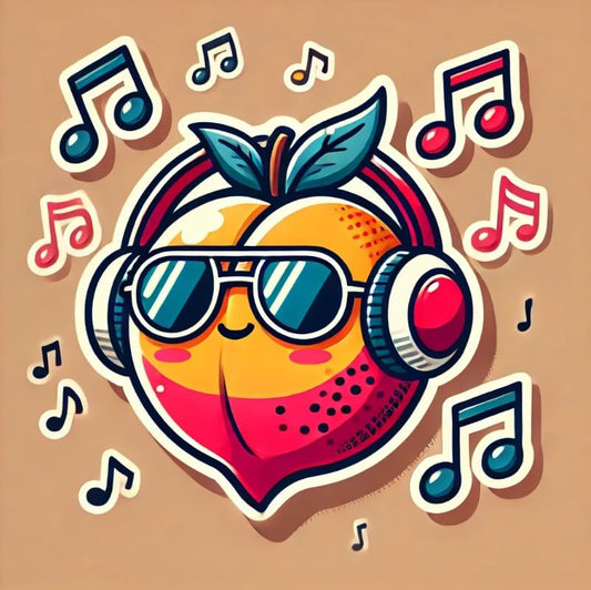 Vinyl sticker: Laptop Car Wall Window Bumper Sticker Waterproof Auto Water Bottle Decal Truck – Georgia Peach with Headphones and Sunglasses Fun Musical Fruit with Southern Cool Style (6)