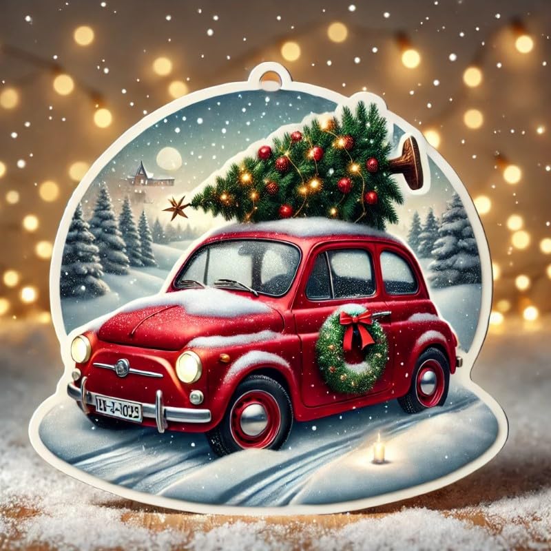Vinyl sticker: Christmas Bright Red Car with Tree Laptop Wall Car Window Bumper Sticker Decal for Truck Waterproof Auto and Water Bottle (4)