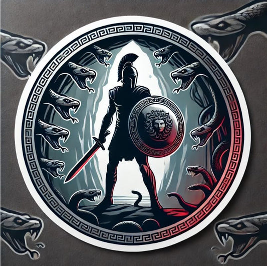Vinyl sticker: Perseus Enters Medusa’s Lair Greek Mythology Sticker for Laptop, Wall, Car, Window, Bumper, Decal, Truck, Waterproof, Auto, Water Bottle