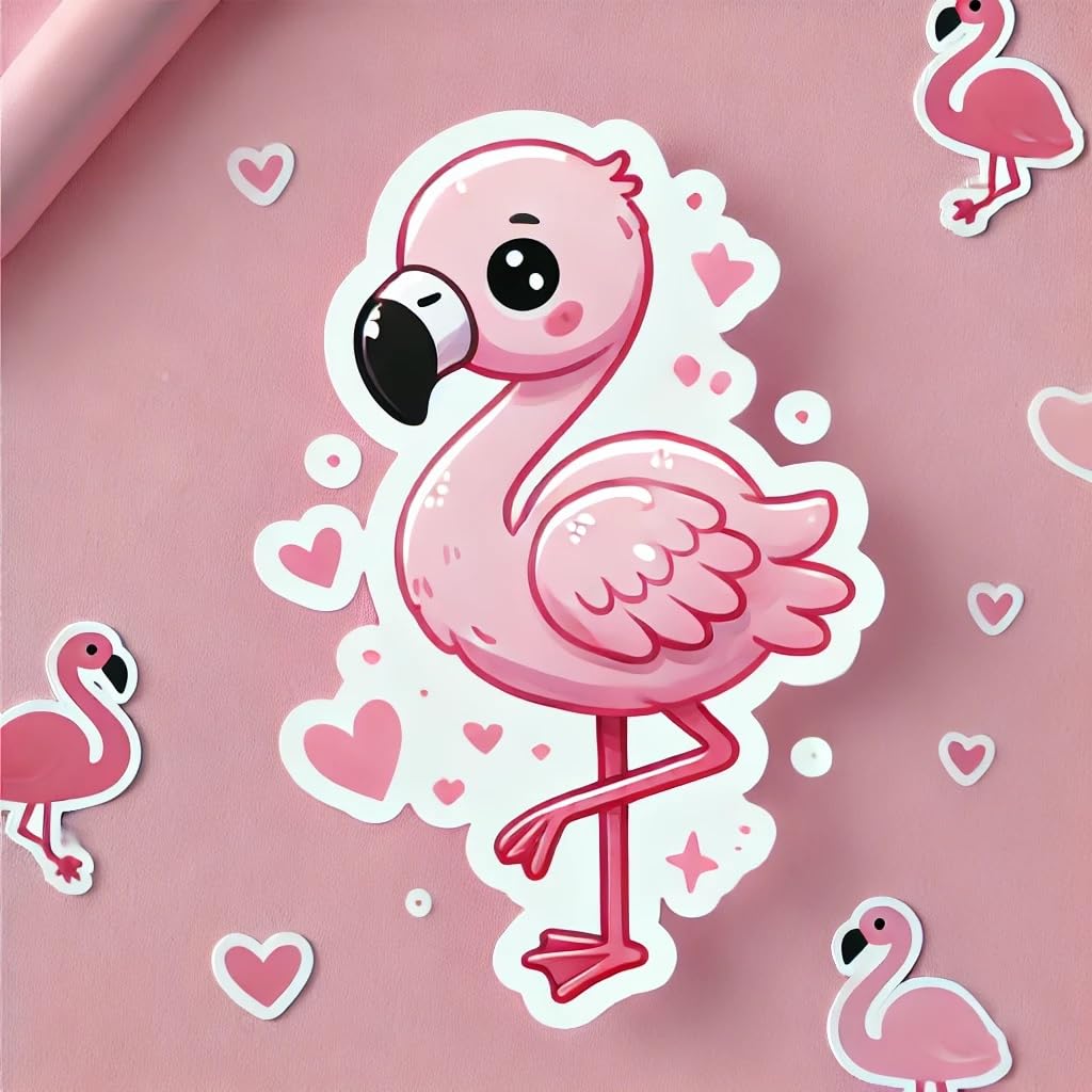 Vinyl sticker: Cute Baby Flamingo Decal Sticker for Laptop, Wall, Car, Window, Bumper, Truck, Waterproof Auto, and Water Bottle - Adorable Flamingo with Hearts and Stars (8)