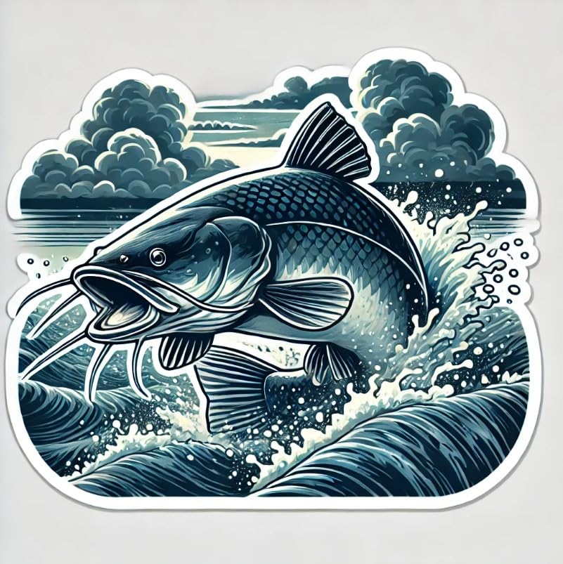 Vinyl sticker: Channel Catfish Stormy River Vinyl Sticker for Laptop, Wall, Car, Window, Bumper, Truck, Waterproof Auto, Water Bottle