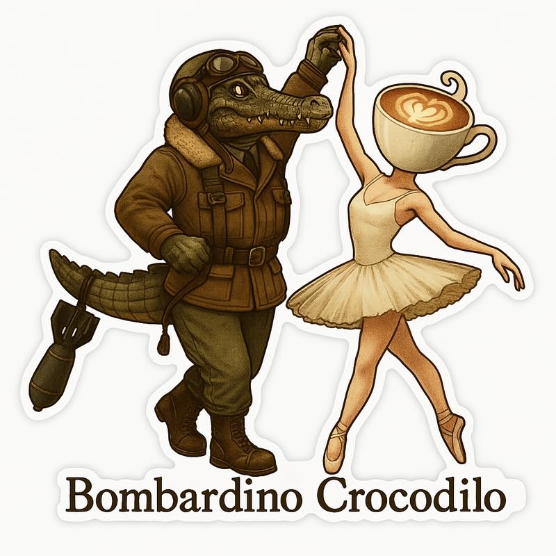 Vinyl sticker: Waterproof Bombardino Crocodilo Sticker for Laptop Wall Car Window Bumper Decal Truck Auto Water Bottle – Crocodile Pilot Dancing with Cappuccino Ballerina 4in