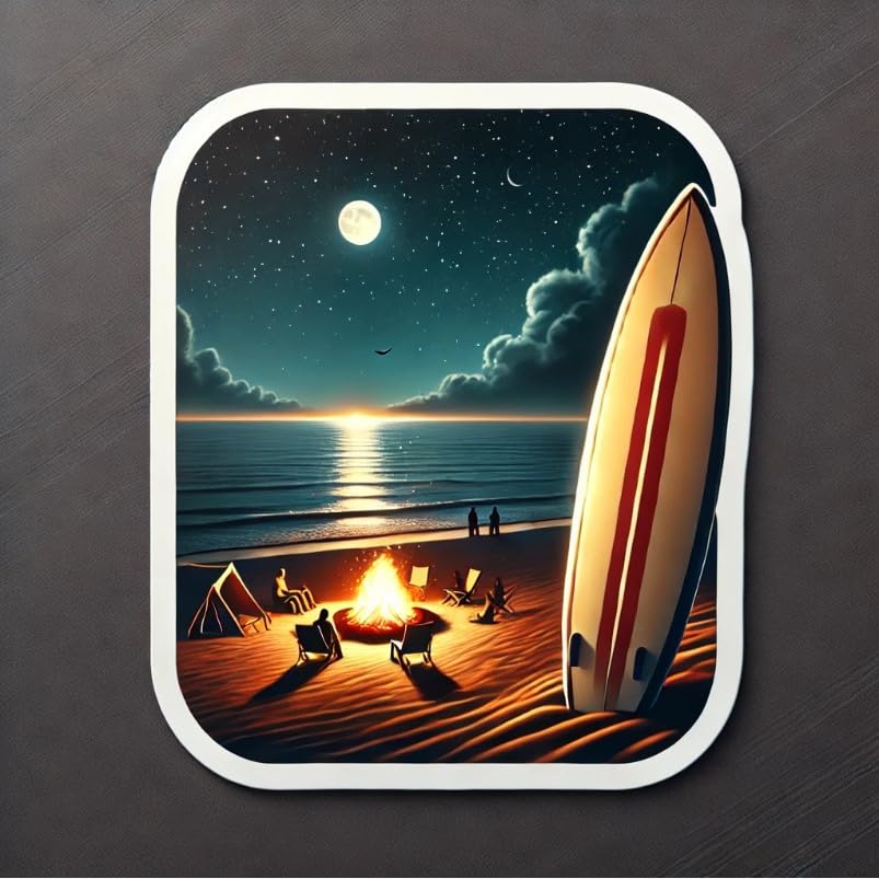 Vinyl sticker: Laptop Wall Car Window Bumper Sticker Decal Truck Waterproof Auto Water Bottle Surfboard with Bonfire and Friends on Starry Night Beach Scene