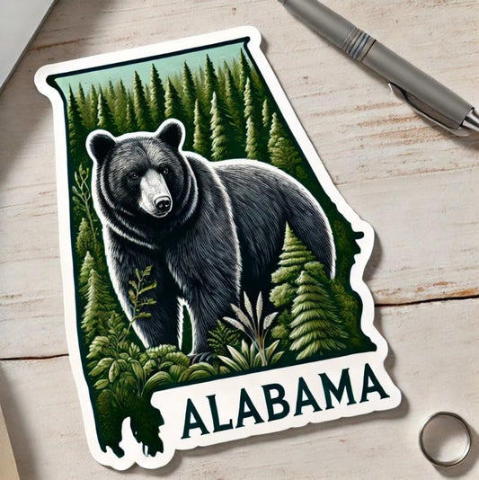 Vinyl sticker: Alabama Black Bear Wildlife Forest Laptop Wall Car Window Bumper Sticker Decal Waterproof Auto Water Bottle Scenic Design
