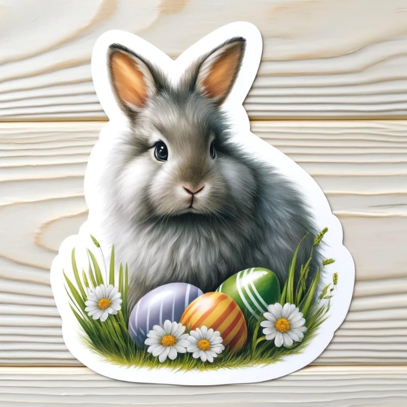 Vinyl sticker: Grey Easter Bunny Sticker for Laptop, Wall, Car, Window, Bumper, Decal, Truck, Waterproof, Auto, Water Bottle – Cute Rabbit with Painted Eggs & Daisies (4)