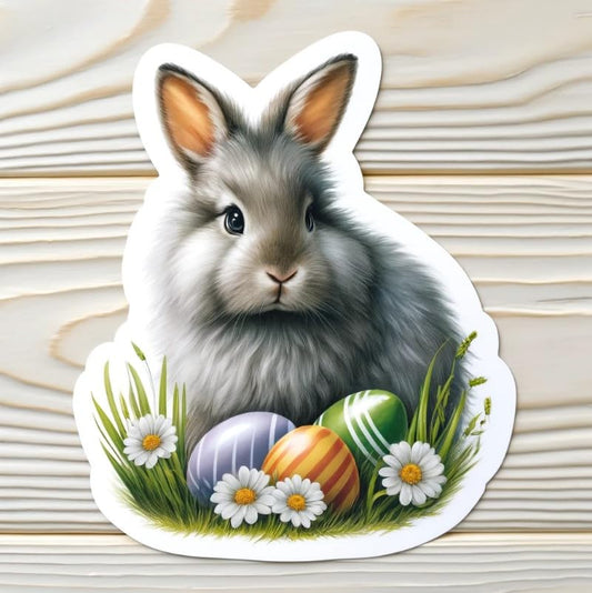 Vinyl sticker: Grey Easter Bunny Sticker for Laptop, Wall, Car, Window, Bumper, Decal, Truck, Waterproof, Auto, Water Bottle – Cute Rabbit with Painted Eggs & Daisies (4)