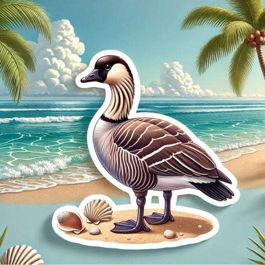 Vinyl sticker: Laptop Wall Car Window Bumper Sticker Decal Waterproof Truck Auto Water Bottle – Hawaiian Goose Nene on Beach with Ocean Waves, Seashells and Palm Trees Island Wildlife Scene (6)